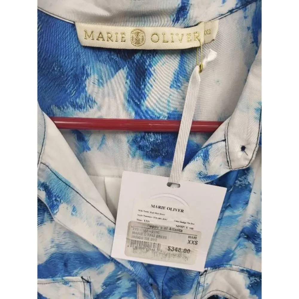 NEW $385 Marie Oliver Shirt Dress Women's XS Blue Tie Dye Pockets Collar Short_6